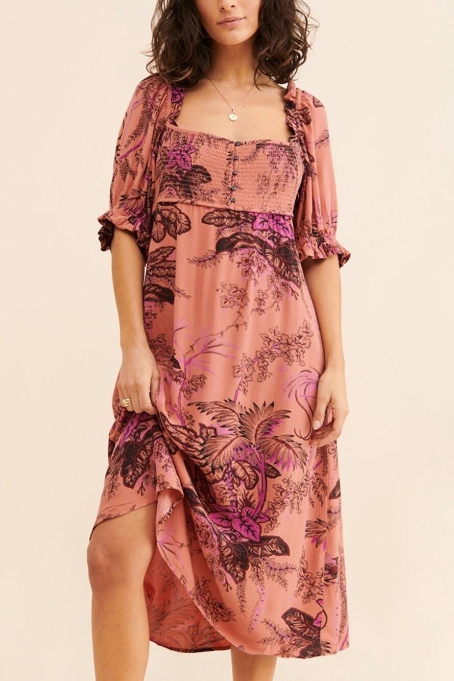 Anthropologie Puff Sleeved Midi Dress Size XL Floral Tropical Ruffle Pink Orange